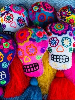 Hand-Embroidered Sugar Skull Tassel Ornament in Bright Pink & Blue